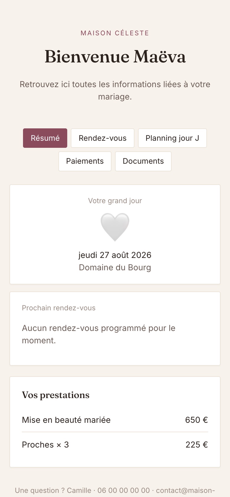 L'espace privé d'une mariée : date du mariage, rendez-vous, prestations, paiements et documents