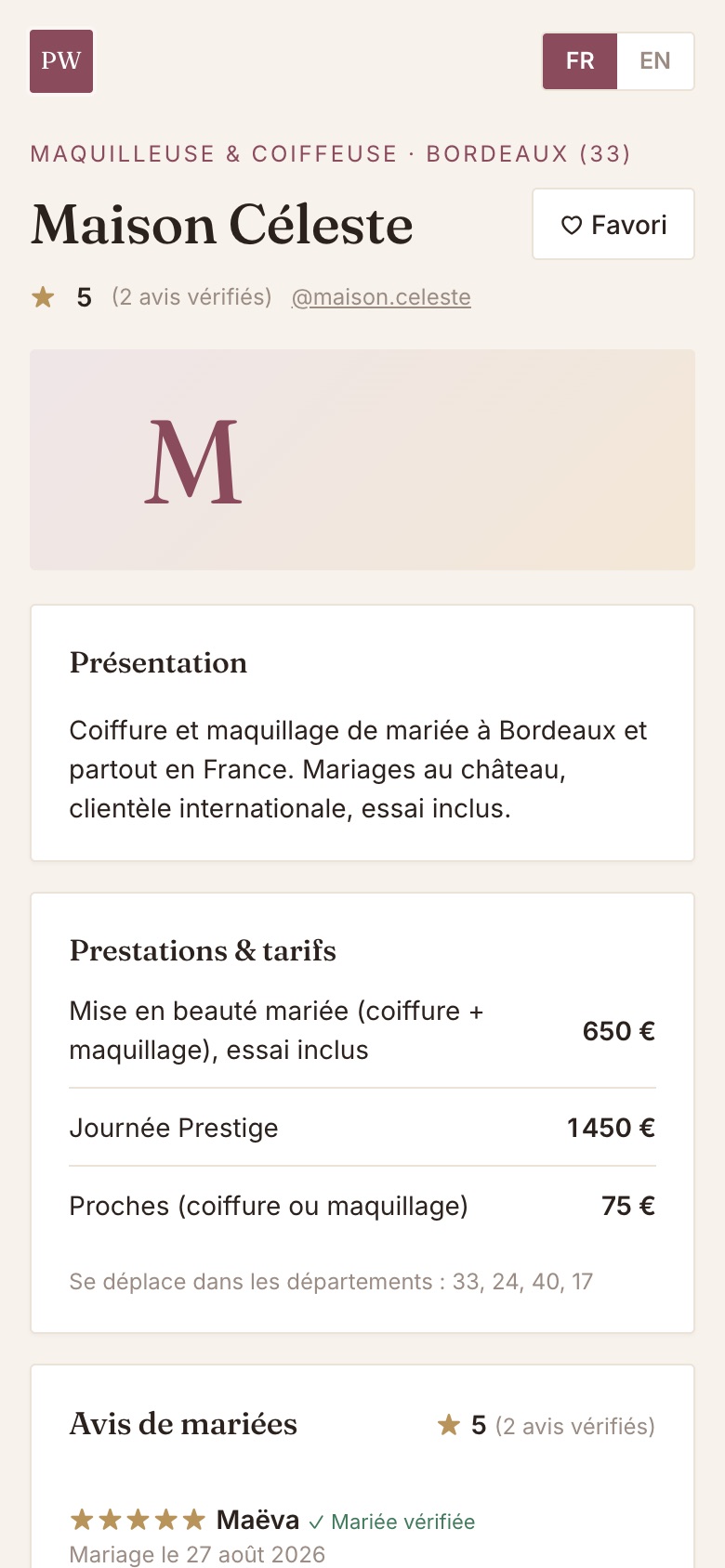 La vitrine d'une prestataire : présentation, tarifs et avis vérifiés